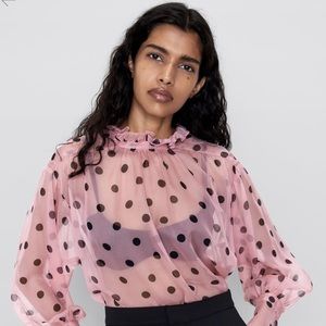 Zara Light Pink And Black Polka Dot Blouse